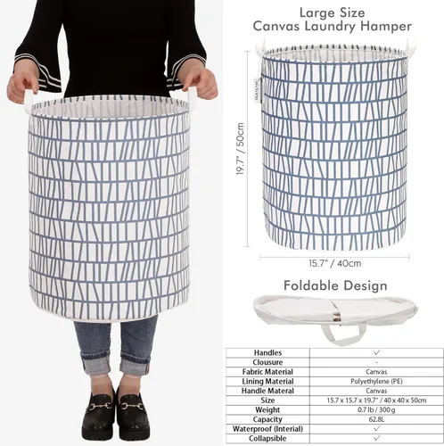 Miniatura 5 de Sea Team - Cesta grande de 19.7 pulgadas, con recubrimiento impermeable, textil de algodón ramio, plegable, cesta para lavandería, cesta cilíndrica