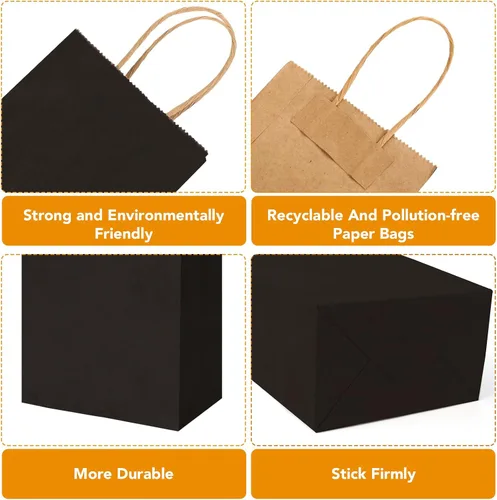 Miniatura 3 de XPCARE 200 unidades de bolsas de regalo de papel, 13,3 x 8,2 x 21 cm, bolsas de envoltorio de regalo con asas, bolsas de papel kraft negro