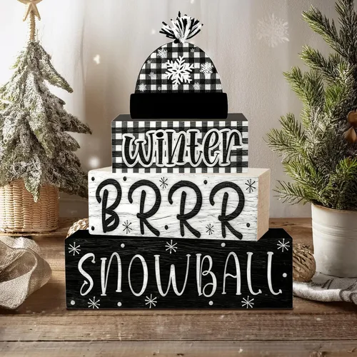 Miniatura 5 de 4 piezas de decoraciones navideñas para interiores - decoración de mesa de bola de nieve de madera para el hogar - centro de mesa navideño