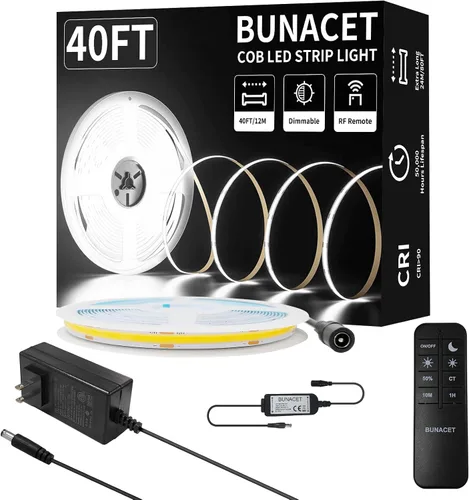 COB - Tira de luz LED de 40 pies/39.4 ft (1 rollo), blanco frío, 6500 K, alto lumen, CRI 90+ con adaptador de corriente con certificación UL,