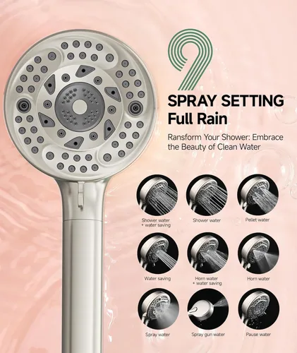 Miniatura 4 de Cabezal de ducha filtrado con mango, 9 modos de pulverización, cabezal de ducha desmontable de alta presión con filtros para agua dura - Elimina