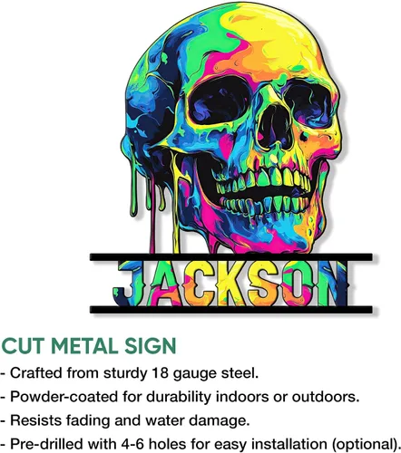 Miniatura 2 de Letrero de metal personalizado con calavera, letrero colgante de calavera para porche al aire libre, valla de pared con nombre personalizado, patio