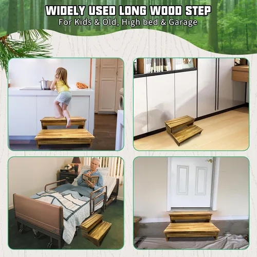 Miniatura 6 de Taburete largo de madera, taburete de madera de 2 escalones con almohadillas antideslizantes para cocina, cama alta para niños, adultos y ancianos