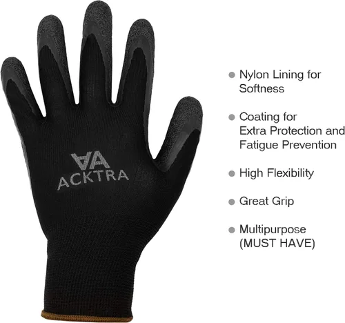 Miniatura 7 de ACKTRA Guantes de trabajo de seguridad de nailon recubierto, 12 pares, muñequera de punto, multiusos, para hombres y mujeres, WG008 poliéster negro