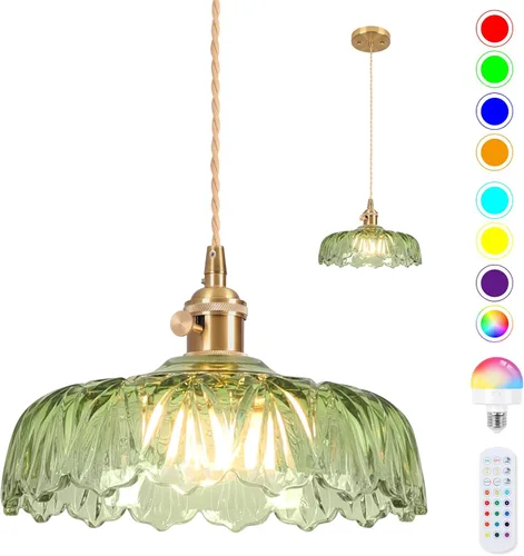Miniatura 14 de Luces Colgantes para Isla de Cocina, Luz Colgante de Cristal Verde Accesorios de Iluminación Vintage, 9.4 pulgadas E26 Acabado Lámpara Colgante