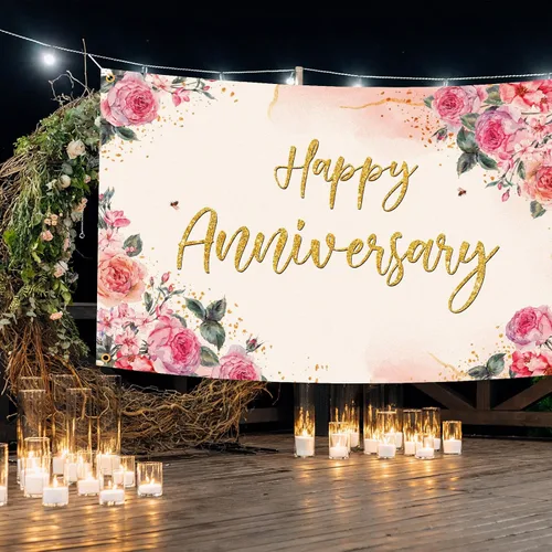 Miniatura 4 de Decoración de telón de fondo de feliz aniversario, diseño floral rosa, decoraciones temáticas de fiesta de aniversario de boda para parejas, hombres