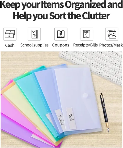 Miniatura 7 de Sooez Sobres de plástico pequeños, paquete de 12 bolsas de plástico con bolsillo para etiquetas, bolsa de sobres de archivo, sobres de dinero