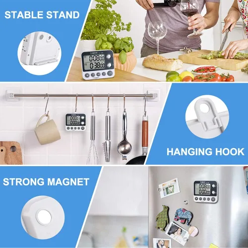 Miniatura 6 de Temporizador digital de cocina de cocina, doble cuenta hacia arriba y hacia abajo con parte trasera magnética, pantalla grande, volumen ajustable