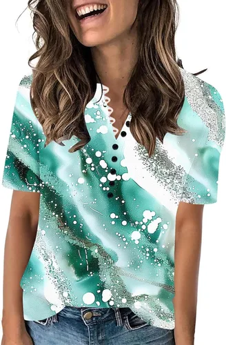 Miniatura 112 de Summer Shirts for Women 2025 Plus Size Short Sleeve Henley Tops Marble Floral Loose Tshirt Tee Casual Dressy Tunics