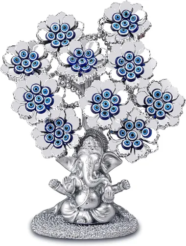 Árbol de la suerte de flores de ojo malvado con elefante hindú plateado Ganesha, estatua de Dios para oficina en casa, adorno de protección Feng