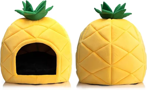 Miniatura 2 de Hollypet Cama para gatos autocalentable para gatitos, cabaña, nido de mascotas, cama para dormir para gatos de interior, amarillo, cueva de piña