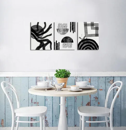 Miniatura 4 de Arte de pared abstracto bohemio en blanco y negro, 3 piezas, lienzo estirado y enmarcado, pintura de tinta fluida negra, arte de pared de línea