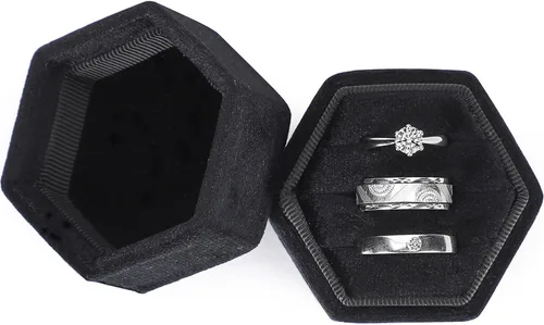 Miniatura 9 de WantGor Caja de joyería de terciopelo para anillos, caja de regalo con 3 ranuras, caja de regalo para anillos hexagonales vintage, para ceremonia