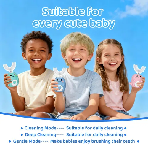 Miniatura 3 de Cepillo de dientes eléctrico en forma de U para niños, con 3 modos de limpieza, con 4 cabezales de cepillo, cepillo de dientes automático sónico