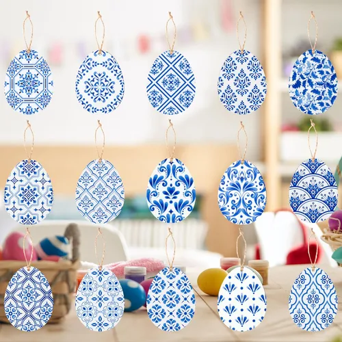 Haooryx 46 piezas de adornos colgantes de madera de huevo de Pascua chinoiserie de primavera, huevos de Pascua, etiquetas colgantes de madera para