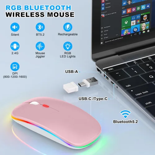 Miniatura 2 de Mouse inalámbrico LED Bluetooth para MacBook Air Mac Pro Laptop iPad – Ratón óptico recargable con luz silenciosa con Jiggler Dual Mode BT5.2 y Rosa