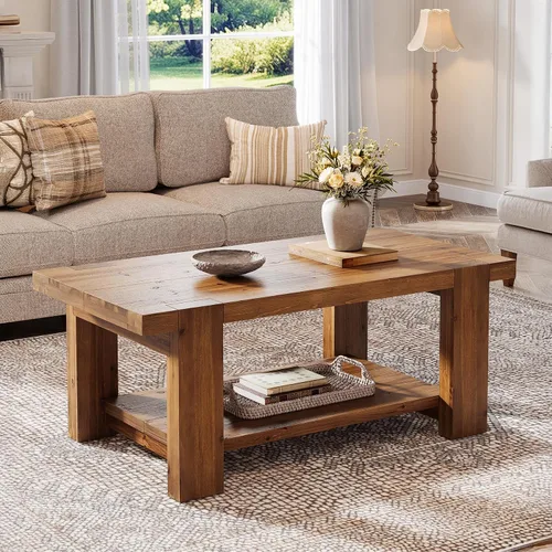 Miniatura 3 de Mesa de centro de madera maciza con estante de almacenamiento de 2 niveles, mesa central rectangular de granja de 47.2 pulgadas para sala de estar