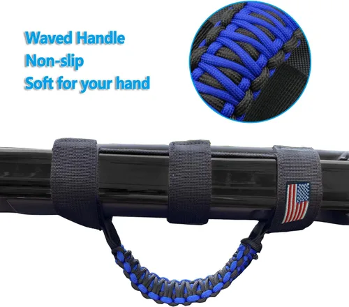 Miniatura 4 de Asas de Agarre de Barra Enrollable con Bandera de EE. UU., Asa de Agarre de Paracord para Jeep Wrangler JK JKU JL JLU TJ CJ YJ & Gladiator JT, Azul