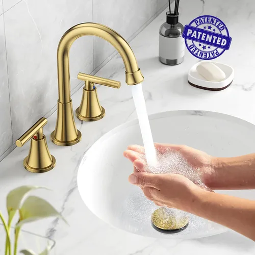Miniatura 3 de Grifos de Baño para Lavabo de 3 Orificios, Hurran Grifo de Lavabo de Baño Dorado Cepillado con Desagüe Pop-up y Líneas de Suministro, Grifo Oro