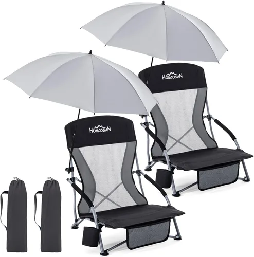 Miniatura 20 de Homcosan Silla de playa portátil baja plegable con paraguas desmontable, silla de campamento ligera para adultos con portavasos y bolsillo