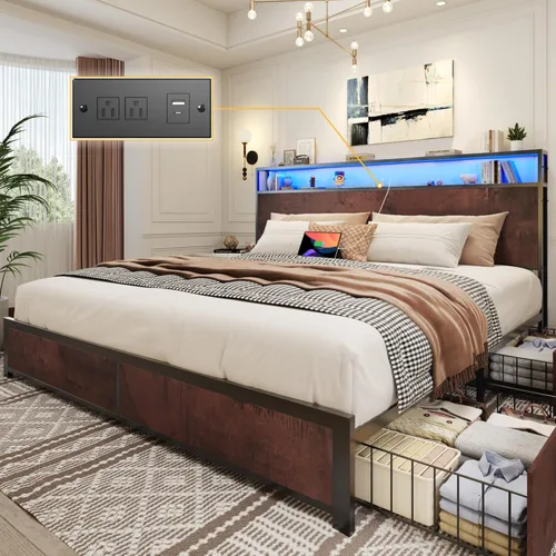 Miniatura 12 de Lifezone Estructura de Cama Full con Cabecero de Almacenamiento de 2 Niveles, Estructura de Cama de Plataforma de Metal con 4 Cajones de Marrón