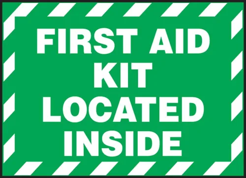 Accuform Signs LVHR560XVE - Etiqueta de seguridad, leyenda "Kit de primeros auxilios ubicado en el interior", 3.5 pulgadas de largo x 5 pulgadas de