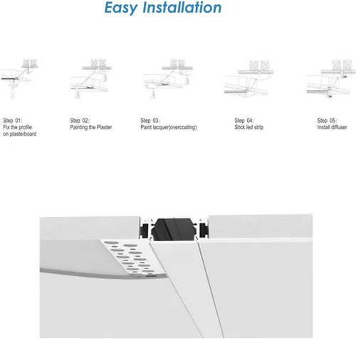 Miniatura 4 de Canal de aluminio LED de yeso, paquete de 6 unidades, 3.3 ft/3.3 pies, perfil de canal LED de aluminio para paneles de yeso sin bordes con tapa