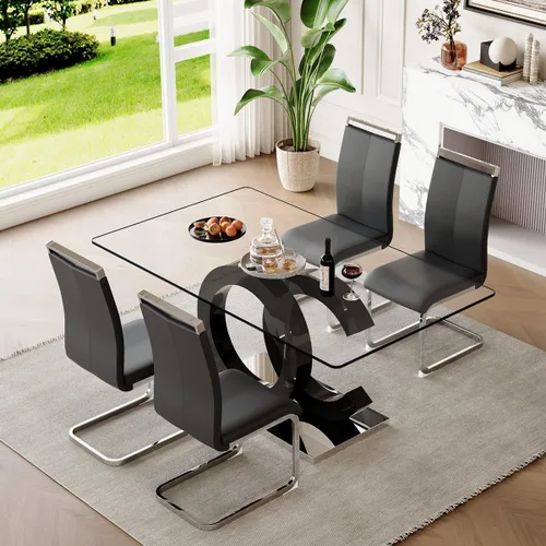 Miniatura 8 de gopop Mesa de comedor de cristal de 63 pulgadas, mesa de cocina moderna, mesa de comedor de vidrio transparente con patas de diseño único negro