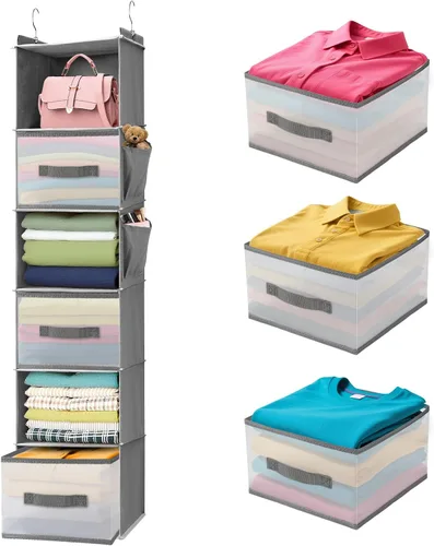 Organizador de armario colgante de 6 niveles con cajones y bolsillos laterales – Almacenamiento versátil de armario para zapatos, sombreros, 6-sheif