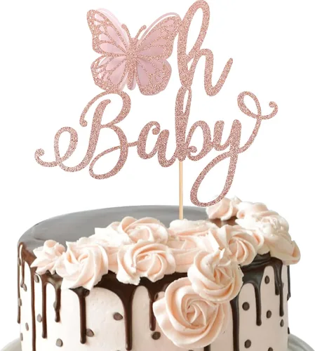 Miniatura 10 de Rsstarxi 1 paquete de decoración de pastel de mariposa Oh Baby con purpurina para baby shower, decoración de pastel de mariposa para revelación