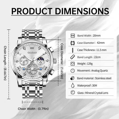 Miniatura 5 de OLEVS Relojes para hombre de plata, reloj de cronógrafo de acero inoxidable para hombre, reloj analógico de cuarzo de cara grande para hombre