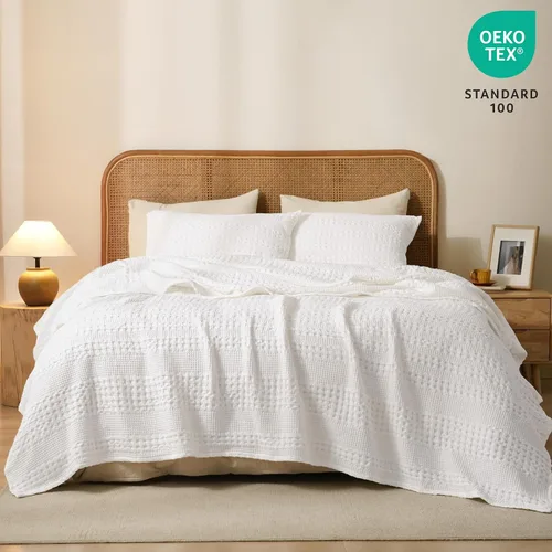 Miniatura 5 de PHF - Manta de punto gofre 100% algodón individual, suave, ligera, transpirable, acogedora, de verano, para cama, tejida, estética, decoración