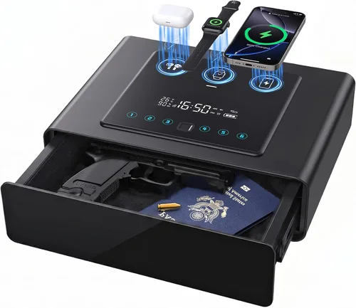 Yoqimi - Caja fuerte biométrica inteligente para pistola con teléfono 3 en 1 y carga inalámbrica de reloj, 3 maneras de acceso rápido para pistola
