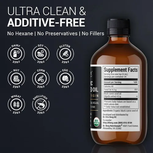 Miniatura 5 de Dr. Berg Aceite de Semilla Negra Orgánico Prensado en Frío – Puro Aceite de Nigella Sativa de Comino Negro – USDA Orgánico, Halal, Vegano