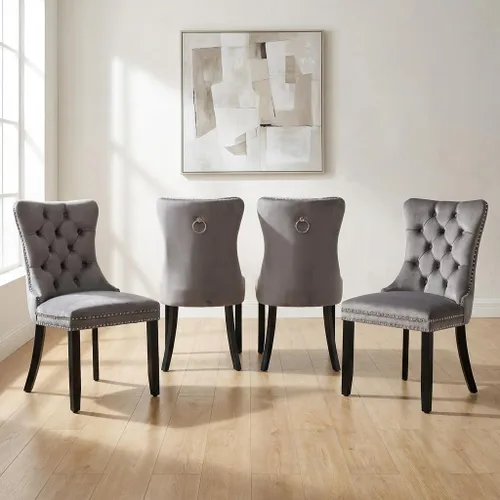Miniatura 88 de OVENTA Juego de 4 sillas de comedor modernas tapizadas copetudas, terciopelo negro y gris y cuero con patas de madera maciza, sillas de cocina