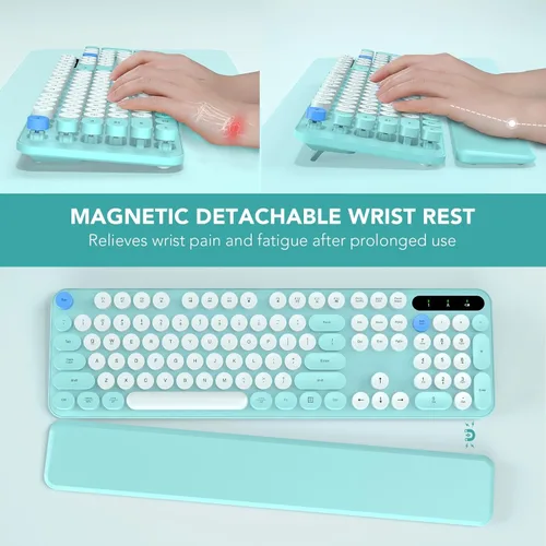 Miniatura 2 de Teclado inalámbrico, teclas redondas, teclado de máquina de escribir retro con reposamuñecas desmontable, modo de suspensión, patas plegables, Azul