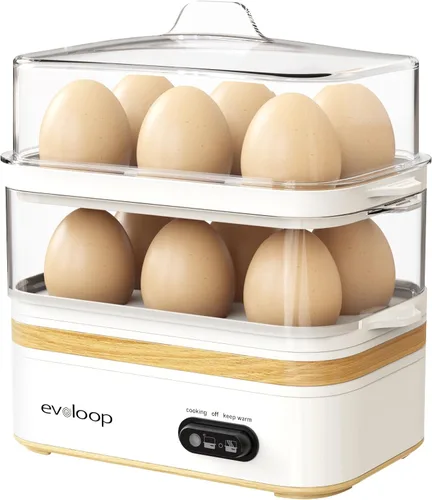 Evoloop Olla de Huevos Rápida Eléctrica de 12 Huevos de Capacidad, para Huevos Blandos, Medianos, Duros, Escalfados, Fabricante de Tortillas, Blanco