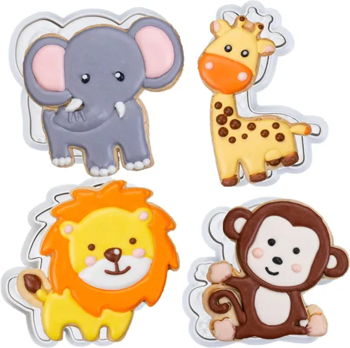 Miniatura 10 de Juego de 8 cortadores de galletas de animales con mango de sello 3D, diseño de selva para cocina, formas de pastel de ácido poliláctico
