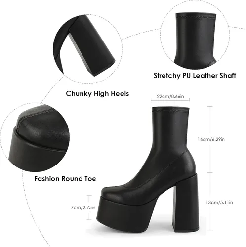 Miniatura 7 de Easyfox Platform Boots for Women Mid Calf Chunky High Heels Ankle Booties Slip on Round Toe Elastic PU Leather Short Boots