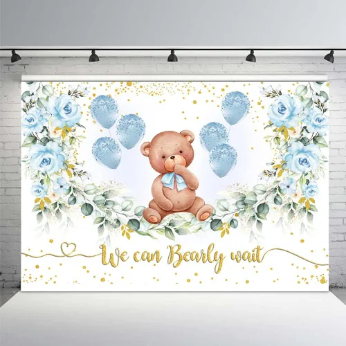 MEHOFOND Telón de fondo de fiesta de baby shower de oso de 10 x 7 pies, fondo azul floral para fotografía, puntos dorados con purpurina dorada, Rosa