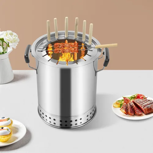 Miniatura 3 de Barbacoa portátil sin humo, parrilla de barril de carbón, parrilla de acero inoxidable envolvente con 28 pinchos para picnic, camping, barbacoa