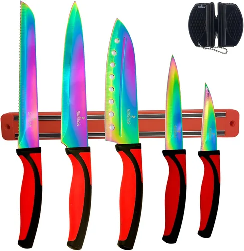 Miniatura 10 de SiliSlick Juego de cuchillos de cocina, cuchillas recubiertas de titanio arcoíris, 5 cuchillos aptos para lavavajillas con afilador y estante de All