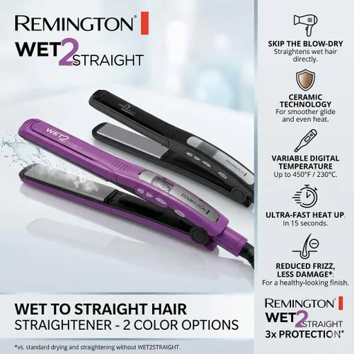 Miniatura 6 de Remington Wet 2 - Plancha de pelo liso de 1 pulgada con placas de turmalina de cerámica, 390 F de alto calor y controles digitales, color morado