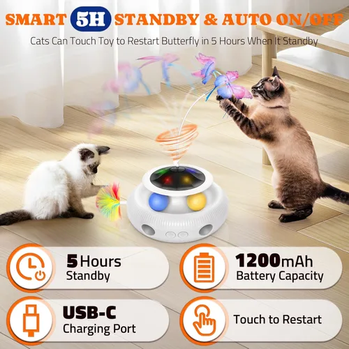 Miniatura 6 de Pawtners Juguete Interactivo para Gatos, 4 en 1 Juguetes Interactivos Automáticos para Gatitos de Interior Recargables con Mariposa Revoloteante