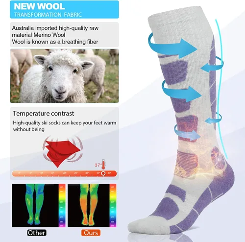 Miniatura 3 de Calcetines de esquí de lana merina térmicos hasta la rodilla para invierno, deportes de nieve y caza para hombre y mujer