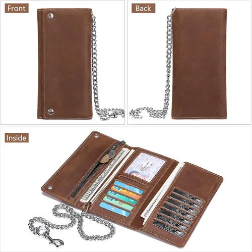 Miniatura 2 de Cartera de piel auténtica con tres pliegues para hombre con cadena cartera de motociclista con cadena larga y resistente Marrón largo