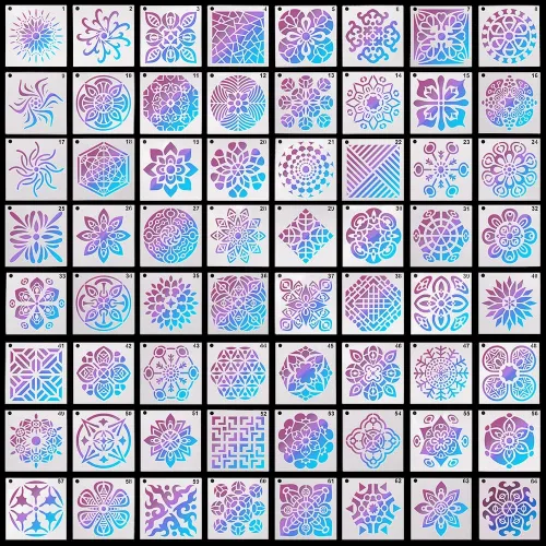 Miniatura 2 de 64 plantillas de pintura (3.543 in x 3.543 in), plantilla de puntos de mandala de DaKuan para creación artística, murales, libros, telas, creación