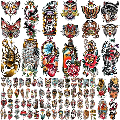 Yazhiji 77 hojas de tatuajes falsos impermeables para hombres o mujeres, 17 hojas más grandes, mitad brazo, búho, peonía, mariposa, serpiente,