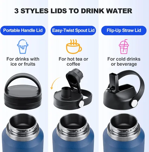 Miniatura 6 de HYDROWION Botella de agua de acero inoxidable, 32 onzas, boca ancha, doble pared, aislada al vacío, con tapa de pajilla, tapa de boquilla y tapa