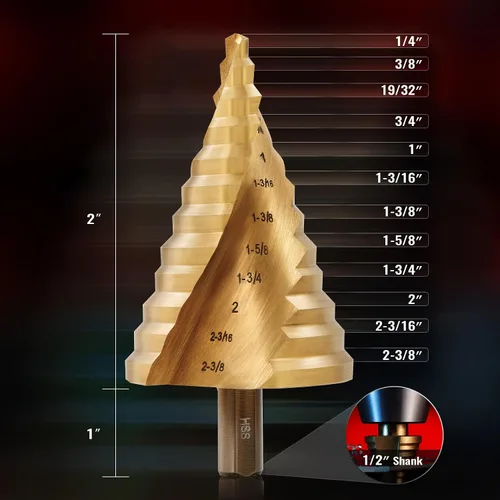 Miniatura 3 de ZELCAN Broca Escalonada de Ranura Espiral HSS Grande, 12 Tamaños Acero de Alta Velocidad con Titanio de 1/4" a 2-3/8" Pulgadas para Perforación